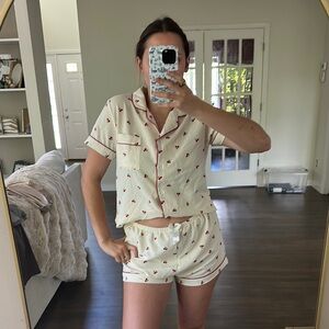 Cream and Red Pajama Set with Botanical Print